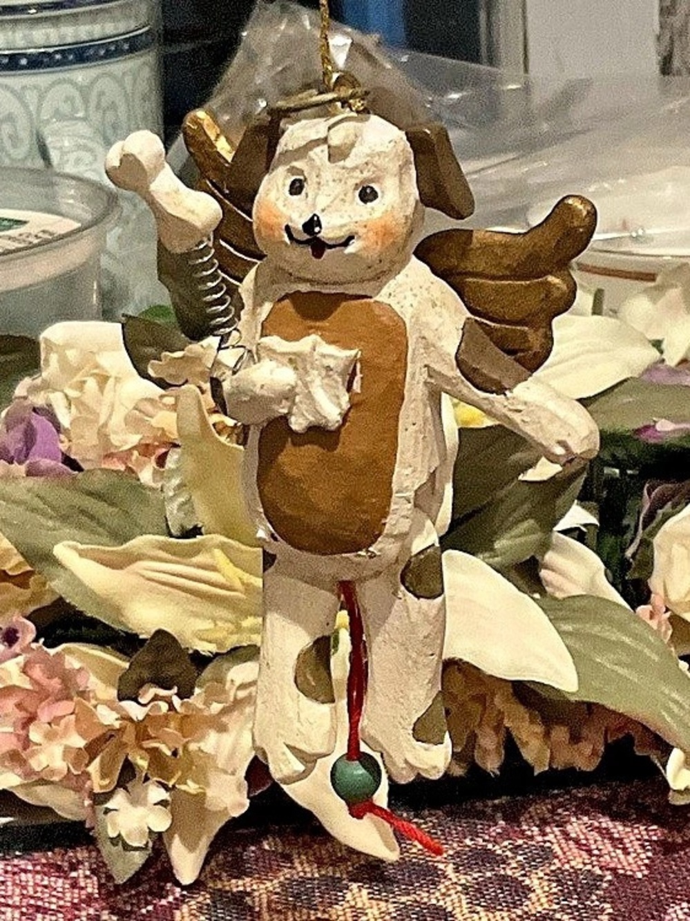 BR-WOODEN JUMPING JACK ANGEL PUPPY DOG CHRISTMAS ORNAMENT